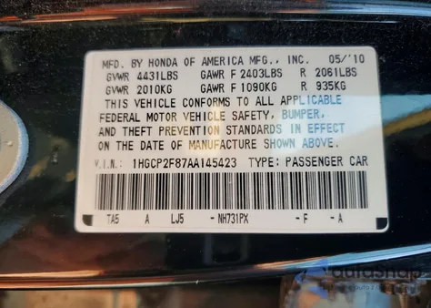 2010 Honda Accord Exl from USA, damaged, VIN 1HGCP2F87AA145423